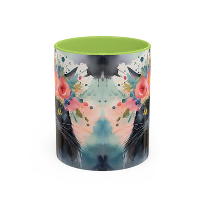 Floral Black Cat 03 Accent Coffee Mug - 11oz Perfect for Cat Lovers & Gifts