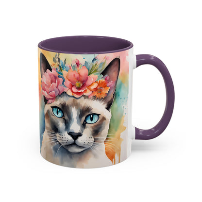 Floral Siamese Cat 02 Accent Coffee Mug - 11oz Perfect for Cat Lovers & Gifts