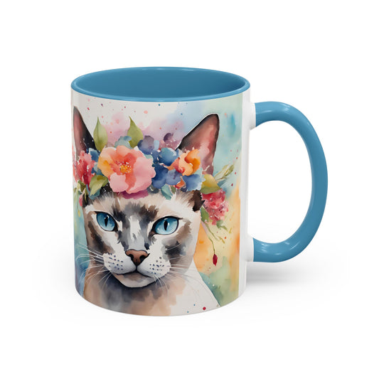 Floral Siamese Cat 03 Accent Coffee Mug - 11oz Perfect for Cat Lovers & Gifts