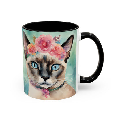 Floral Siamese Cat 01 Accent Coffee Mug - 11oz Perfect for Cat Lovers & Gifts