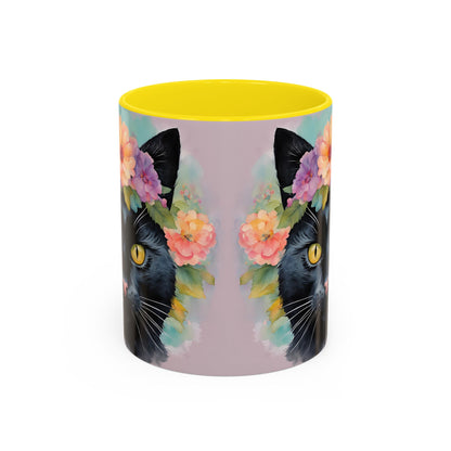 Floral Black Cat 01 Accent Coffee Mug - 11oz Perfect for Cat Lovers & Gifts