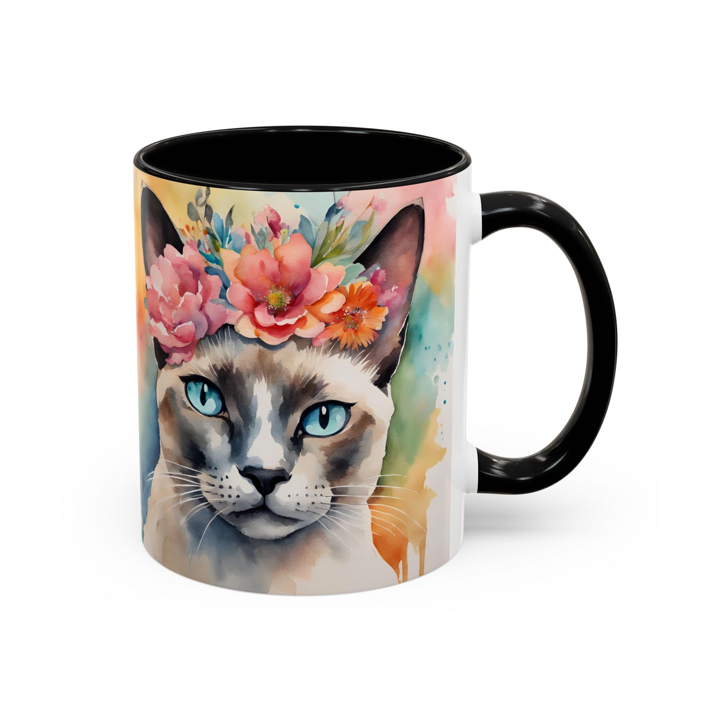 Floral Siamese Cat 02 Accent Coffee Mug - 11oz Perfect for Cat Lovers & Gifts