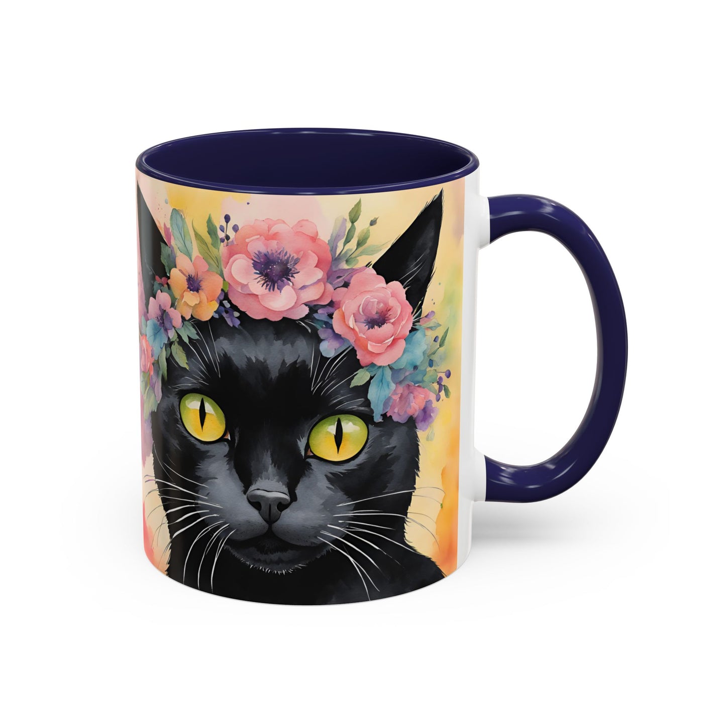Floral Black Cat 02 Accent Coffee Mug - 11oz Perfect for Cat Lovers & Gifts