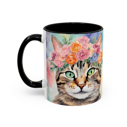 Floral Tabby Cat 01 Accent Coffee Mug - 11oz Perfect for Cat Lovers & Gifts
