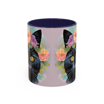 Floral Black Cat 01 Accent Coffee Mug - 11oz Perfect for Cat Lovers & Gifts