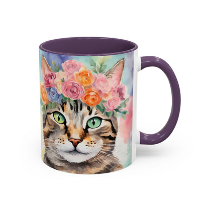 Floral Tabby Cat 01 Accent Coffee Mug - 11oz Perfect for Cat Lovers & Gifts