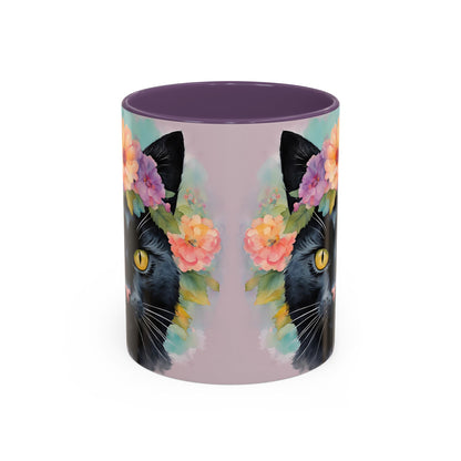 Floral Black Cat 01 Accent Coffee Mug - 11oz Perfect for Cat Lovers & Gifts