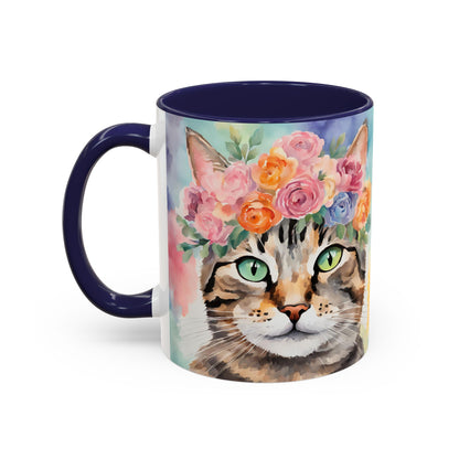 Floral Tabby Cat 01 Accent Coffee Mug - 11oz Perfect for Cat Lovers & Gifts