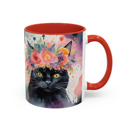 Floral Black Cat 03 Accent Coffee Mug - 11oz Perfect for Cat Lovers & Gifts