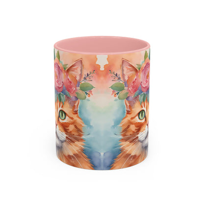 Floral Ginger Cat 01 Accent Coffee Mug - 11oz Perfect for Cat Lovers & Gifts