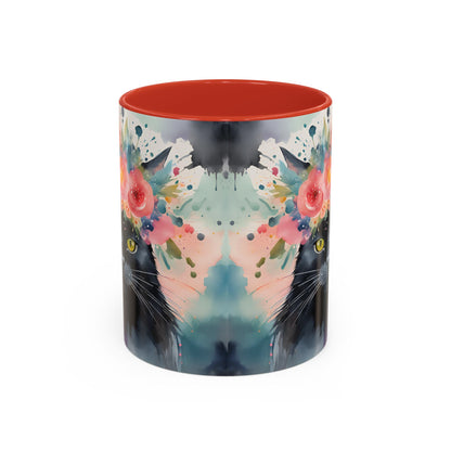 Floral Black Cat 03 Accent Coffee Mug - 11oz Perfect for Cat Lovers & Gifts