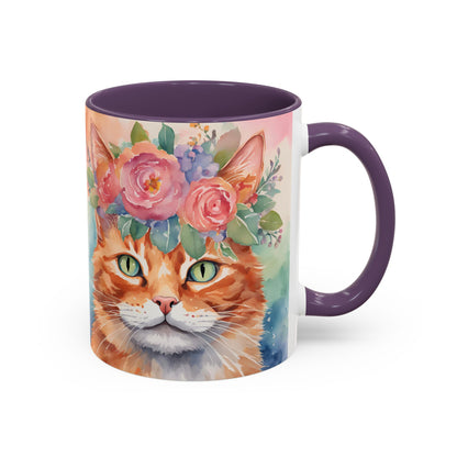 Floral Ginger Cat 01 Accent Coffee Mug - 11oz Perfect for Cat Lovers & Gifts