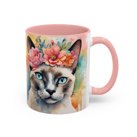 Floral Siamese Cat 02 Accent Coffee Mug - 11oz Perfect for Cat Lovers & Gifts