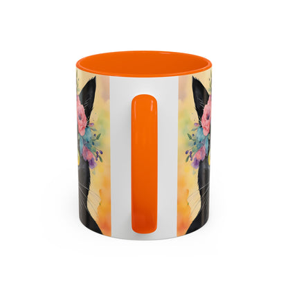 Floral Black Cat 02 Accent Coffee Mug - 11oz Perfect for Cat Lovers & Gifts