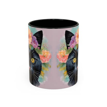 Floral Black Cat 01 Accent Coffee Mug - 11oz Perfect for Cat Lovers & Gifts