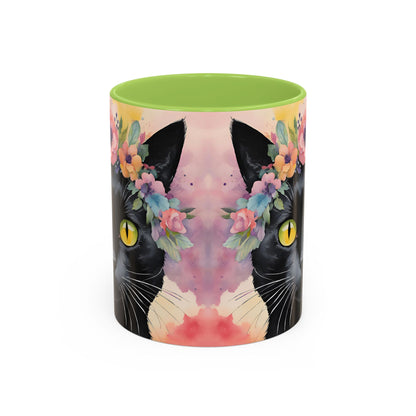 Floral Black Cat 02 Accent Coffee Mug - 11oz Perfect for Cat Lovers & Gifts