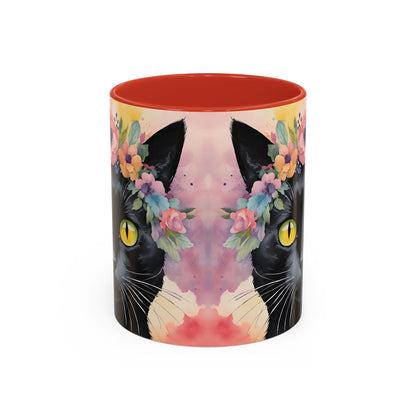 Floral Black Cat 02 Accent Coffee Mug - 11oz Perfect for Cat Lovers & Gifts