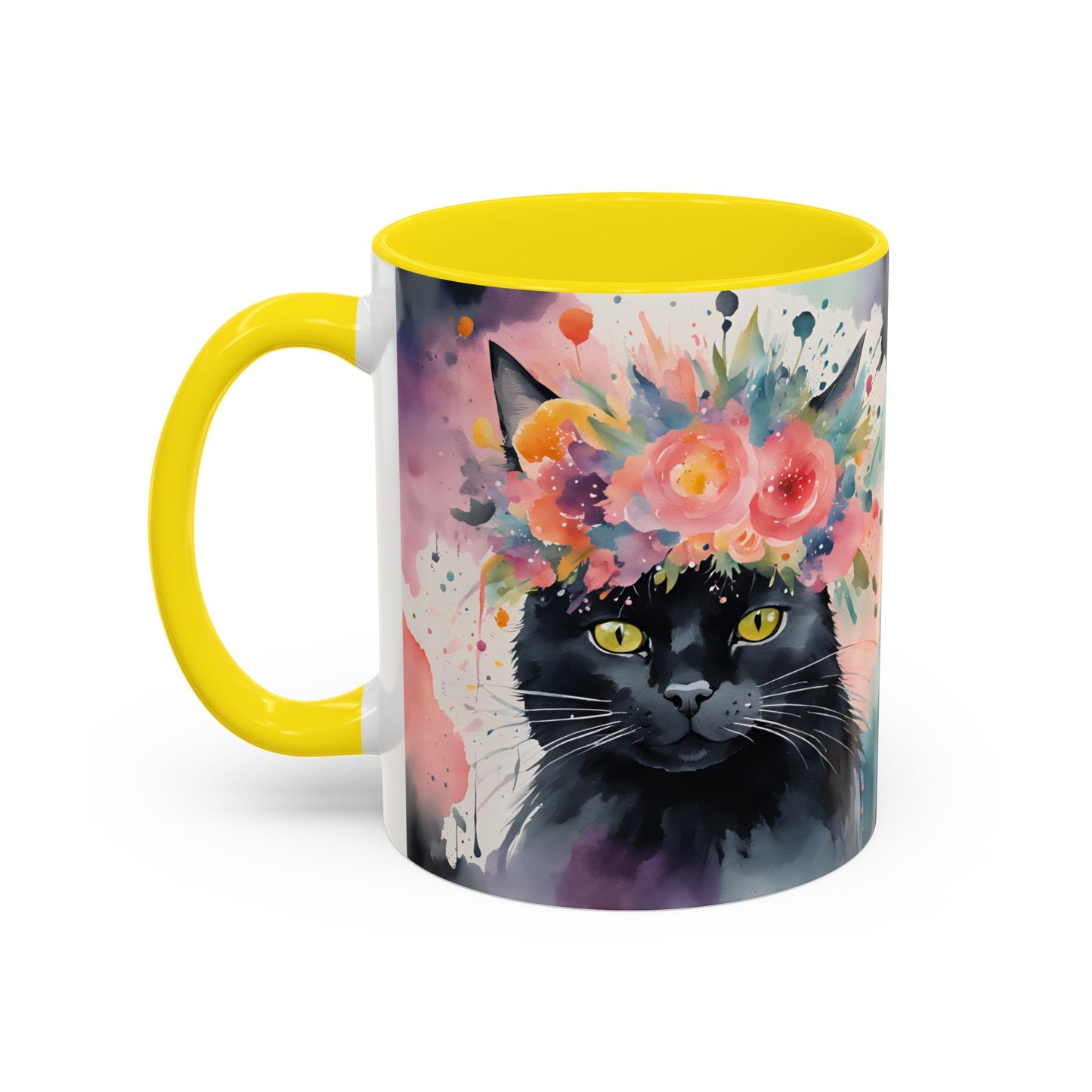 Floral Black Cat 03 Accent Coffee Mug - 11oz Perfect for Cat Lovers & Gifts