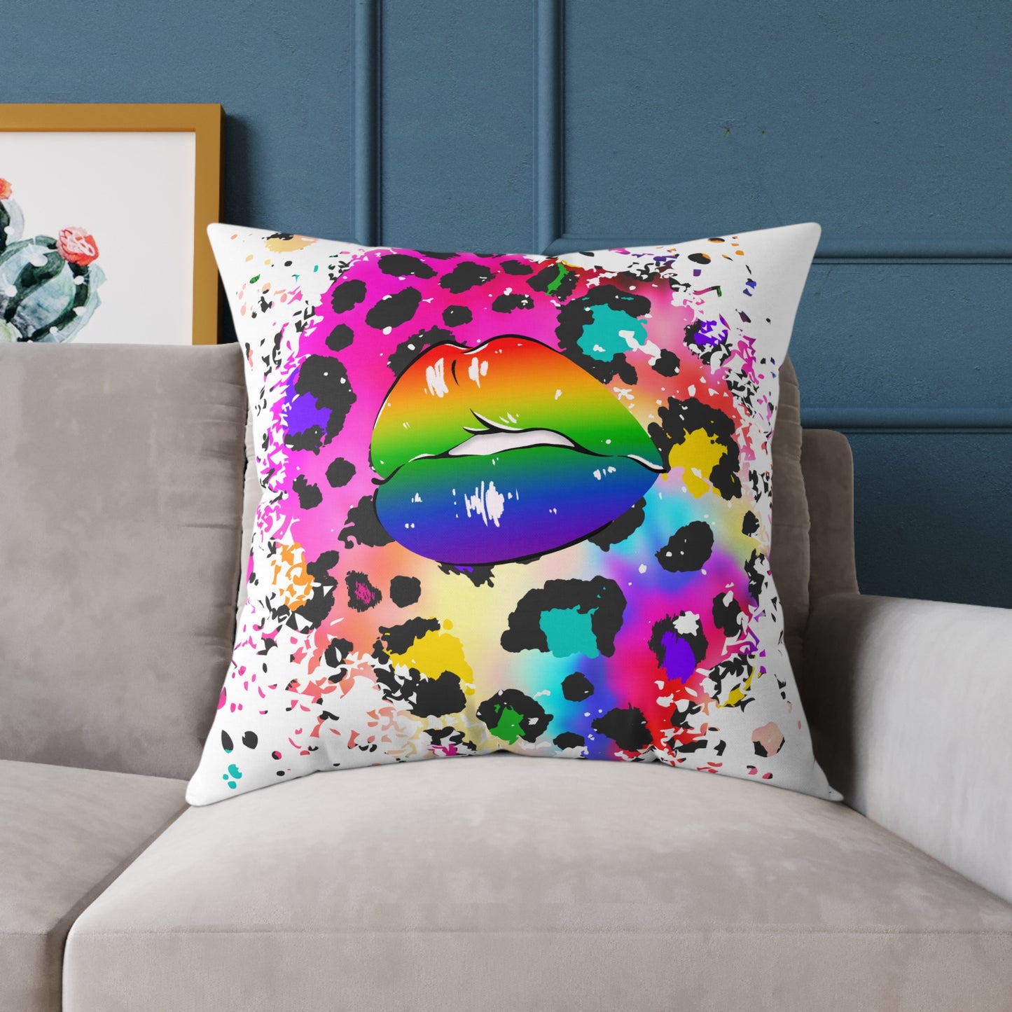 Splash Cheetah Rainbow Lips Poly Pillow