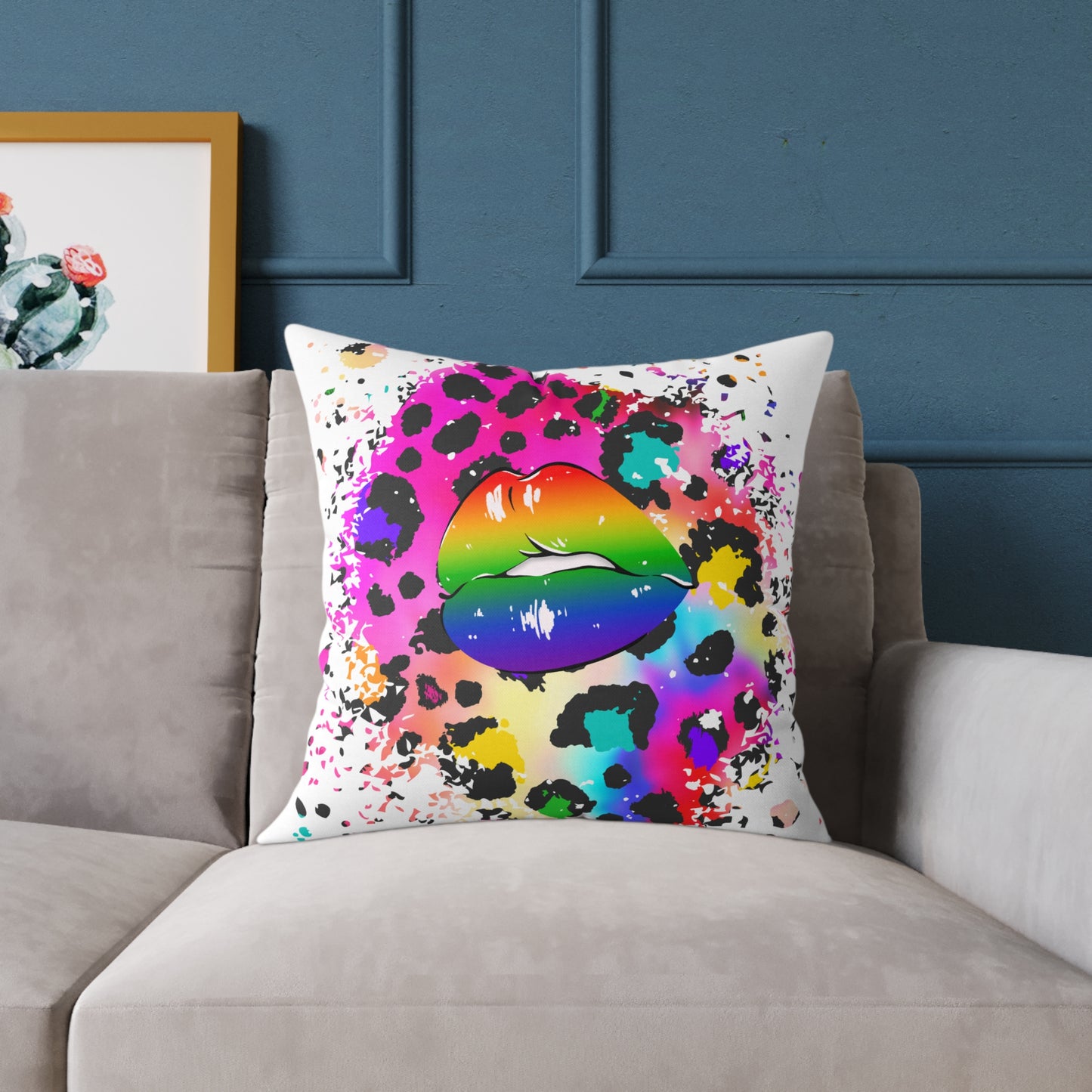Splash Cheetah Rainbow Lips Poly Pillow