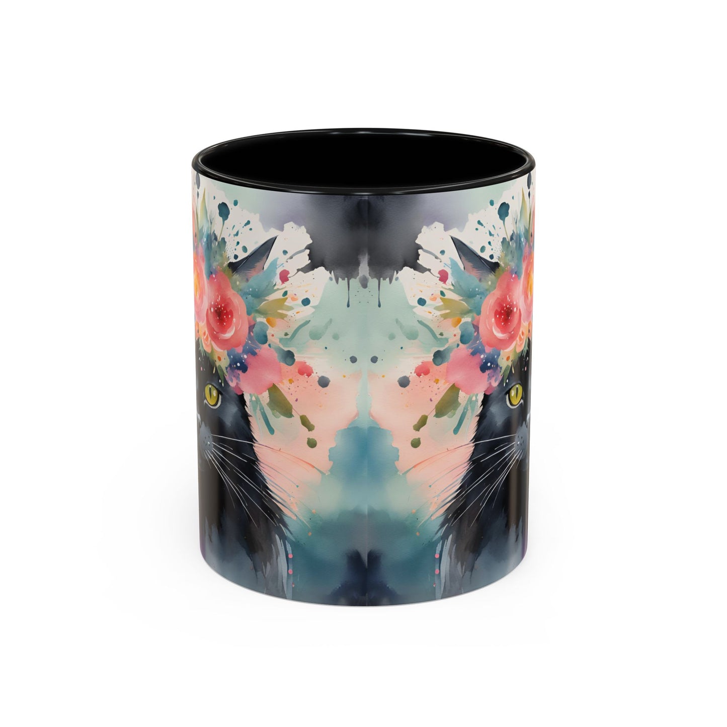 Floral Black Cat 03 Accent Coffee Mug - 11oz Perfect for Cat Lovers & Gifts