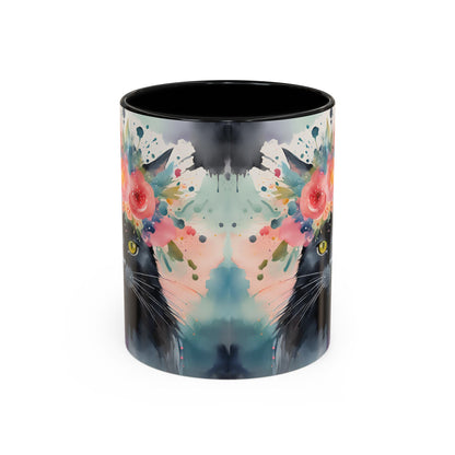 Floral Black Cat 03 Accent Coffee Mug - 11oz Perfect for Cat Lovers & Gifts