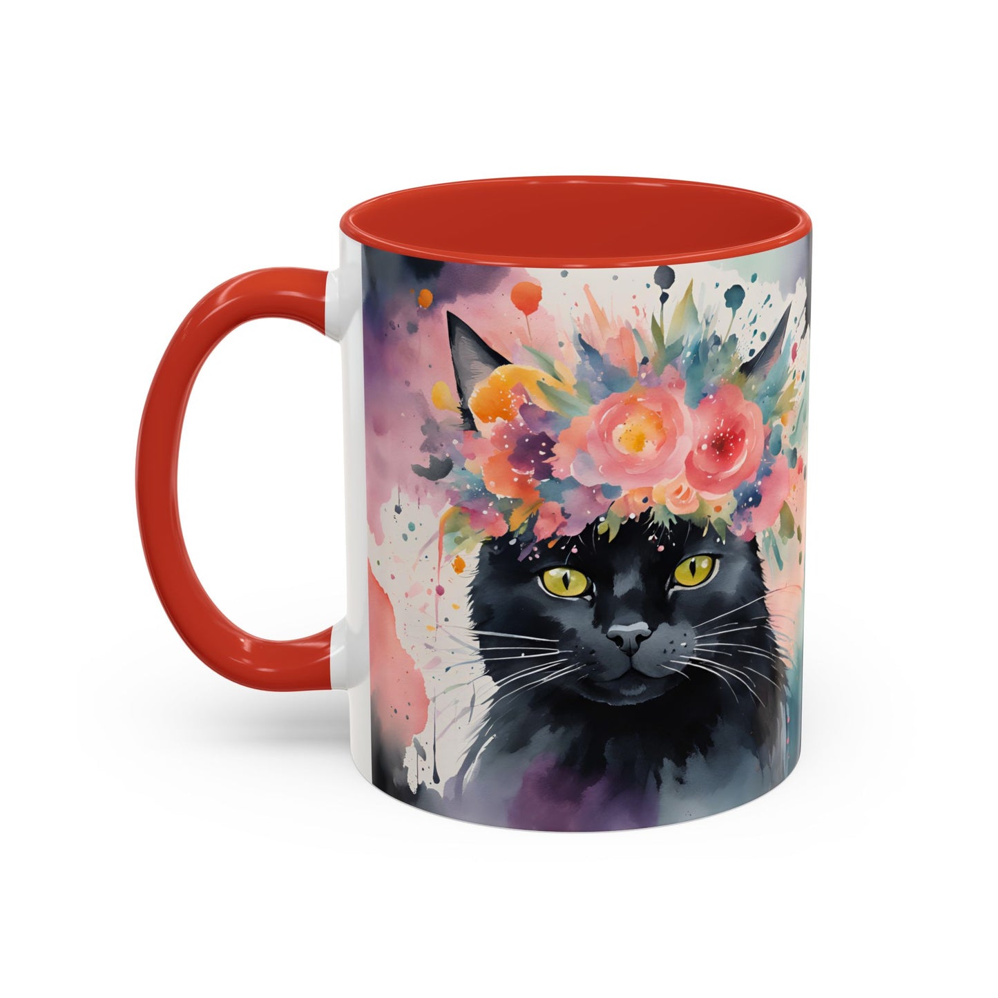 Floral Black Cat 03 Accent Coffee Mug - 11oz Perfect for Cat Lovers & Gifts