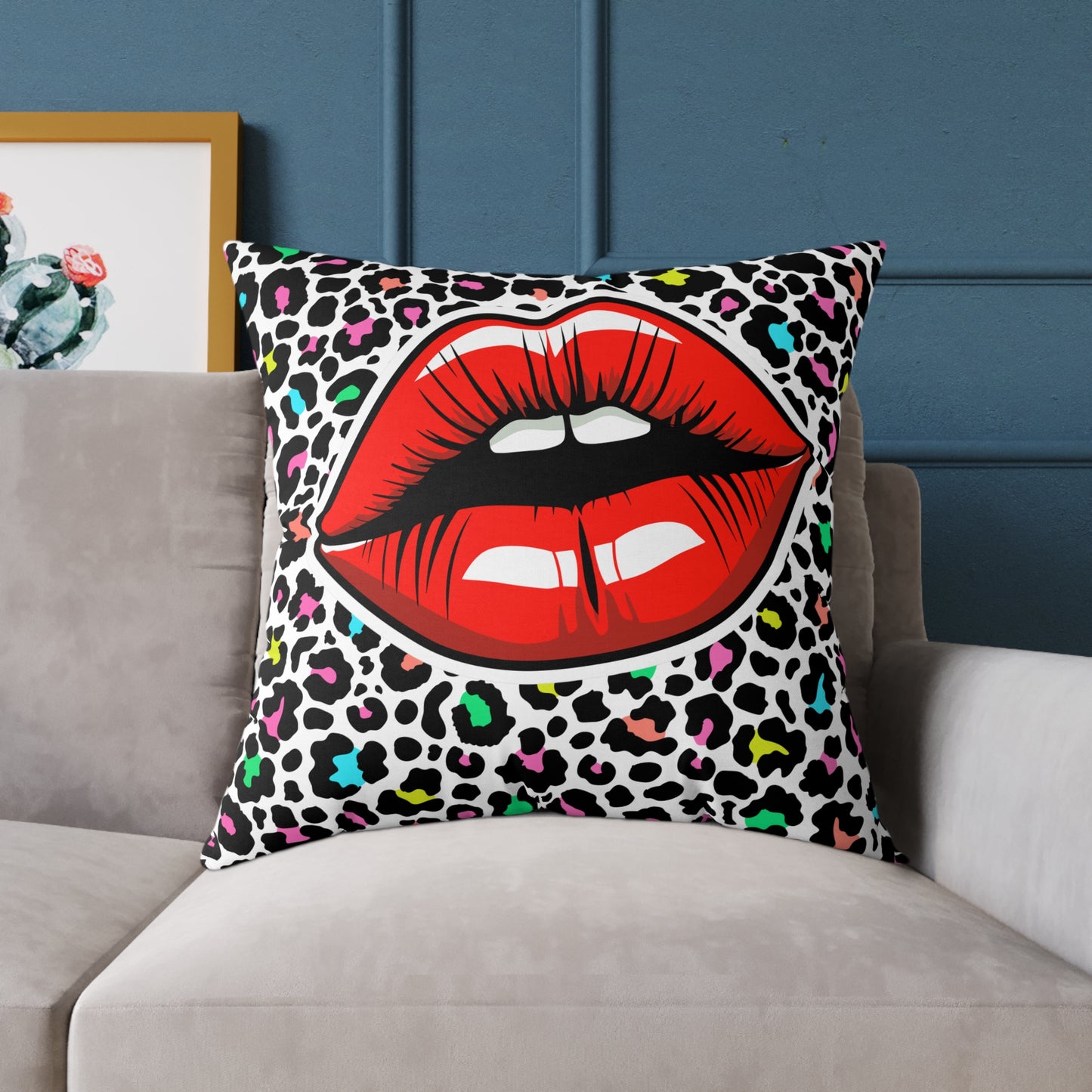 Multicoloured Cheetah Lips Poly Pillow
