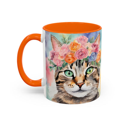 Floral Tabby Cat 01 Accent Coffee Mug - 11oz Perfect for Cat Lovers & Gifts