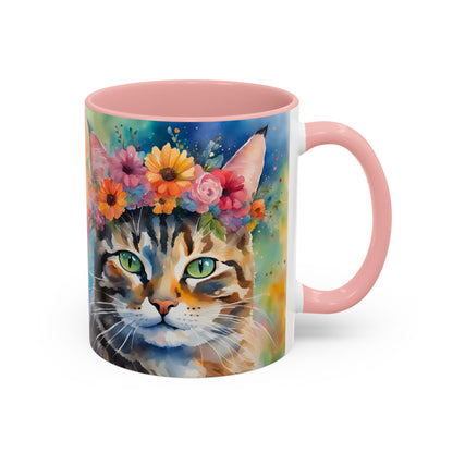 Floral Tabby Cat 04 Accent Coffee Mug - 11oz Perfect for Cat Lovers & Gifts