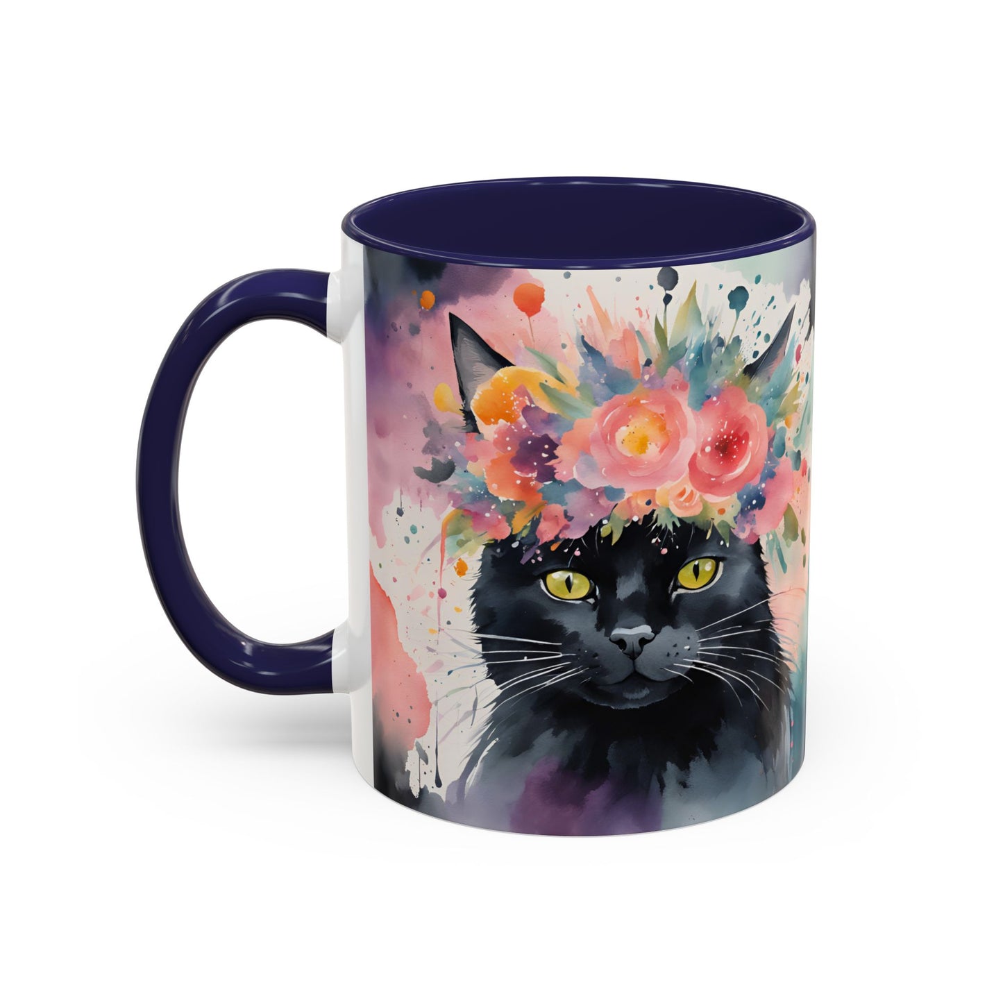 Floral Black Cat 03 Accent Coffee Mug - 11oz Perfect for Cat Lovers & Gifts