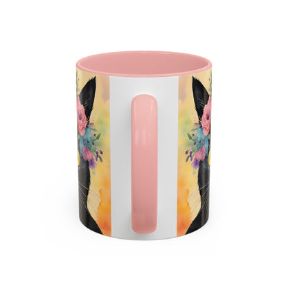 Floral Black Cat 02 Accent Coffee Mug - 11oz Perfect for Cat Lovers & Gifts