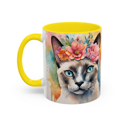 Floral Siamese Cat 02 Accent Coffee Mug - 11oz Perfect for Cat Lovers & Gifts