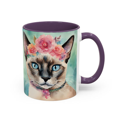 Floral Siamese Cat 01 Accent Coffee Mug - 11oz Perfect for Cat Lovers & Gifts
