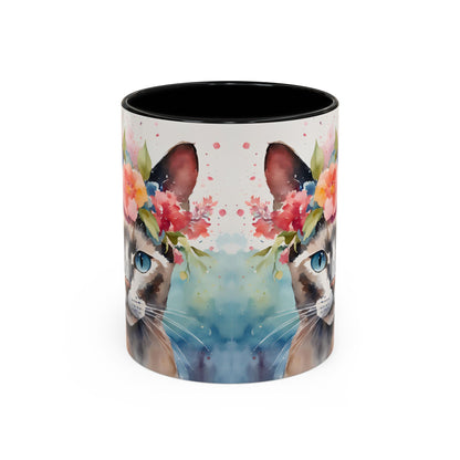Floral Siamese Cat 03 Accent Coffee Mug - 11oz Perfect for Cat Lovers & Gifts