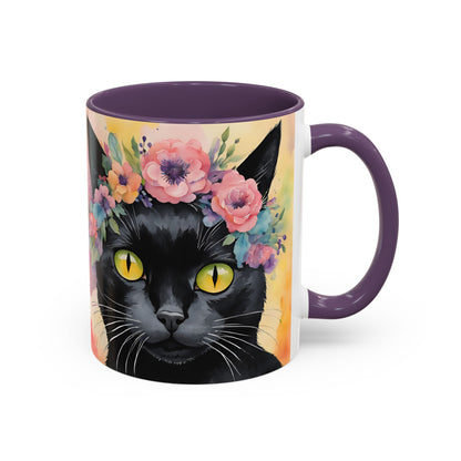 Floral Black Cat 02 Accent Coffee Mug - 11oz Perfect for Cat Lovers & Gifts