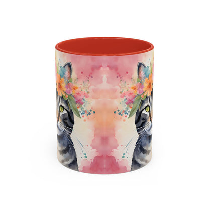 Floral Tabby Cat 02 Accent Coffee Mug - 11oz Perfect for Cat Lovers & Gifts