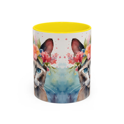 Floral Siamese Cat 03 Accent Coffee Mug - 11oz Perfect for Cat Lovers & Gifts
