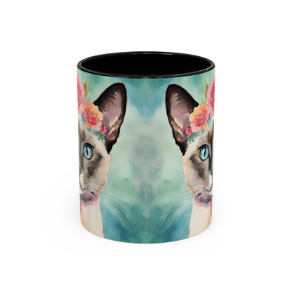 Floral Siamese Cat 01 Accent Coffee Mug - 11oz Perfect for Cat Lovers & Gifts