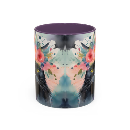 Floral Black Cat 03 Accent Coffee Mug - 11oz Perfect for Cat Lovers & Gifts