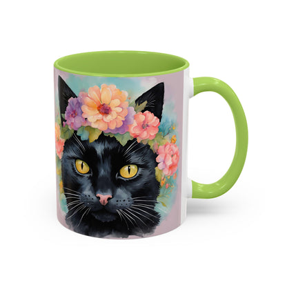 Floral Black Cat 01 Accent Coffee Mug - 11oz Perfect for Cat Lovers & Gifts