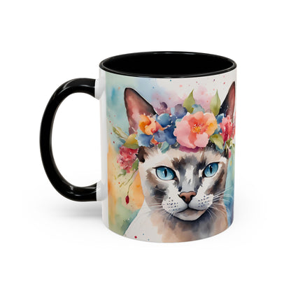 Floral Siamese Cat 03 Accent Coffee Mug - 11oz Perfect for Cat Lovers & Gifts