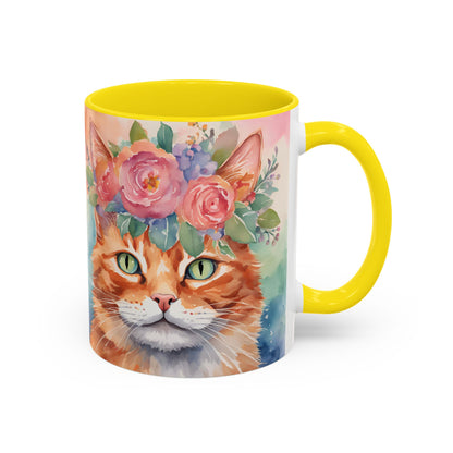 Floral Ginger Cat 01 Accent Coffee Mug - 11oz Perfect for Cat Lovers & Gifts