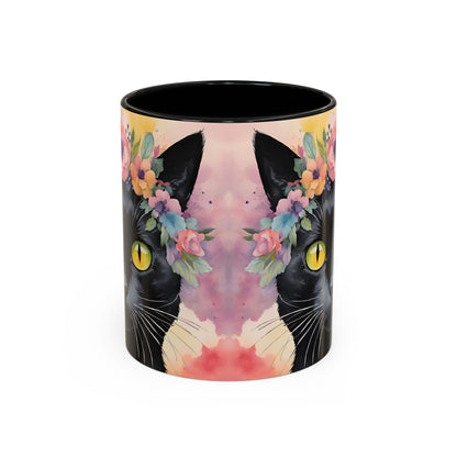 Floral Black Cat 02 Accent Coffee Mug - 11oz Perfect for Cat Lovers & Gifts