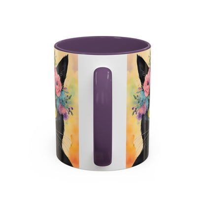 Floral Black Cat 02 Accent Coffee Mug - 11oz Perfect for Cat Lovers & Gifts