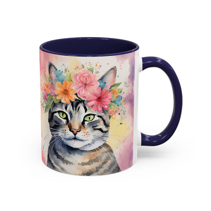 Floral Tabby Cat 02 Accent Coffee Mug - 11oz Perfect for Cat Lovers & Gifts
