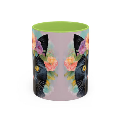Floral Black Cat 01 Accent Coffee Mug - 11oz Perfect for Cat Lovers & Gifts