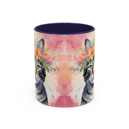 Floral Tabby Cat 02 Accent Coffee Mug - 11oz Perfect for Cat Lovers & Gifts