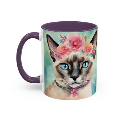 Floral Siamese Cat 01 Accent Coffee Mug - 11oz Perfect for Cat Lovers & Gifts