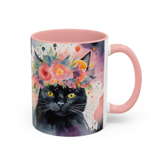 Floral Black Cat 03 Accent Coffee Mug - 11oz Perfect for Cat Lovers & Gifts